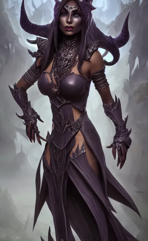 Image similar to full body shot of dark elf witch, highly detailed, d & d, fantasy, highly detailed, digital painting, trending on artstation, concept art, sharp focus, illustration, global illumination, ray tracing, realistic shaded, art by artgerm and greg rutkowski and fuji choko and viktoria gavrilenko and hoang lap,