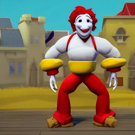 Image similar to image of ronald mcdonald, white face, red afro, red nose and yellow outfit as an enemy in spyro the dragon video game, with low poly playstation 1 graphics, upscaled to high resolution