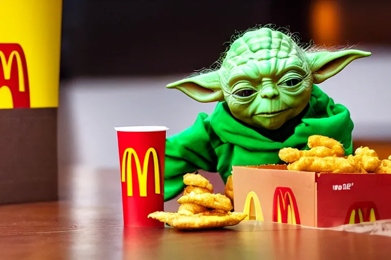 Prompt: yoda, upset, yoda sitting behind a table inside mcdonald's, small red cardboard box on table, yellow m logo on box, chicken mcnuggets on tray, 3 5 mm, f / 2. 8