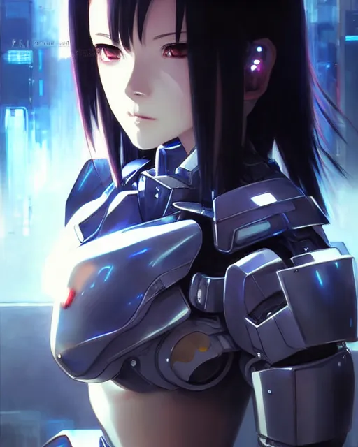 Image similar to portrait Anime Girl in mecha armor in night tokyo Sharp fine face pretty face, realistic shaded Perfect face, fine details. Anime. cyberpunk realistic shaded lighting by katsuhiro otomo ghost-in-the-shell, magali villeneuve, artgerm, rutkowski Jeremy Lipkin and Giuseppe Dangelico Pino and Michael Garmash and Rob Rey