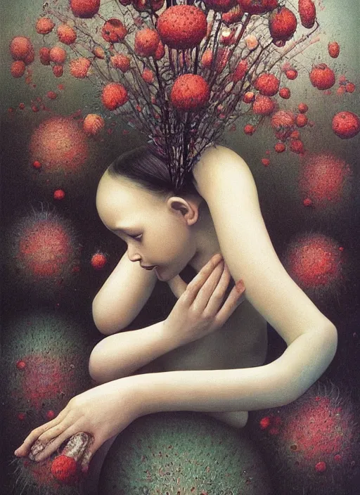 Image similar to She Eats Joyfully of the Suffocating Fruit and Her spiderlike gossamer glistening polyp blossoms bring iridescent fungal flowers whose spores black the foolish glaring stars Edward Hopper and James Gilleard, Zdzislaw Beksinski, Mark Ryden, Wolfgang Lettl highly detailed