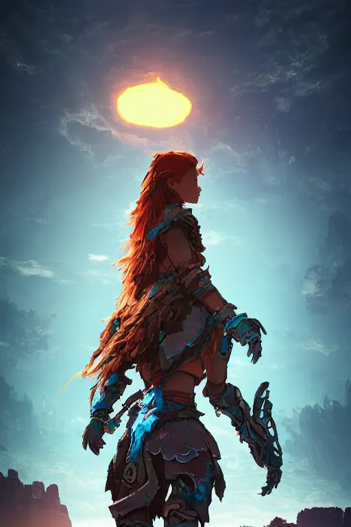 Image similar to combination suit armor aloy horizon forbidden west horizon zero dawn radiating a glowing aura global illumination ray tracing hdr fanart arstation by ian pesty and alena aenami artworks in 4 k tribal robot ninja mask helmet backpack