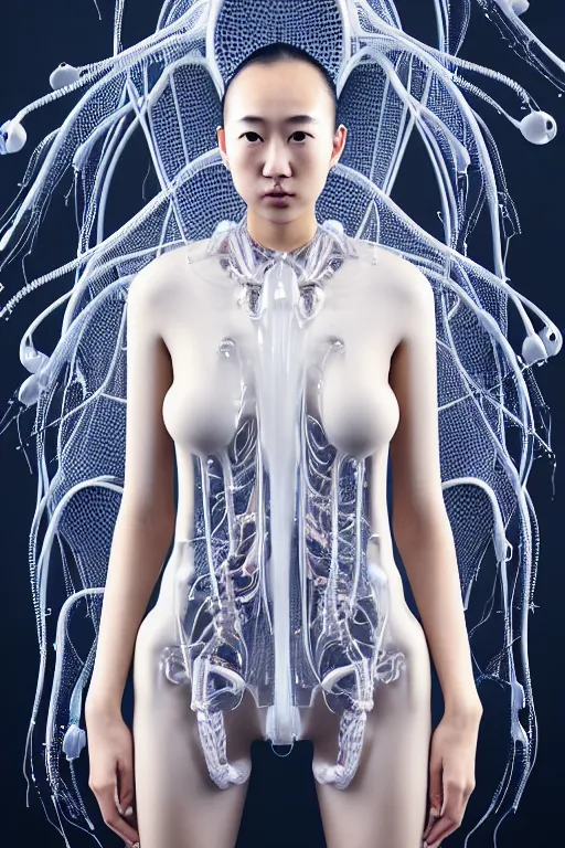 Image similar to young asian woman, iris van herpen, beautiful face, perfect symmetrical body, full body shot, inflateble shapes, wires, tubes, veins, jellyfish, white biomechanical details, wearing epic bionic cyborg implants, masterpiece, intricate, biopunk, vogue, highly detailed, artstation, concept art, cyberpunk, octane render