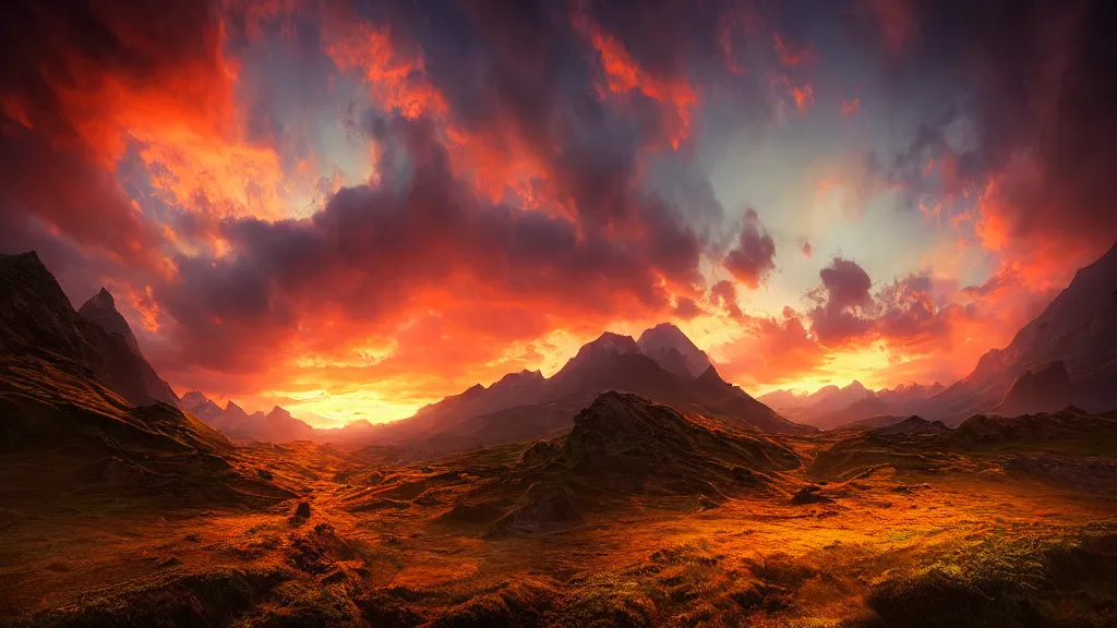 Image similar to amazing landscape photo of an isekai world in sunset by marc adamus, beautiful dramatic lighting