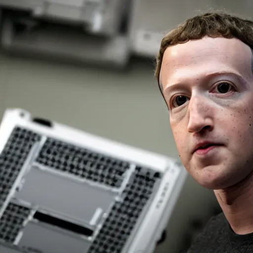 Image similar to mark zuckerberg alone in an ally with broken computer parts. photograph.