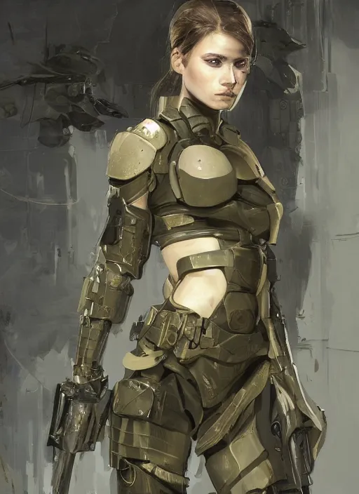 Image similar to a professional painting of a beautiful young female, clothed in stealth armor, nightvision goggles, olive skin, long dark hair, beautiful bone structure, symmetrical facial features, intricate, elegant, digital painting, concept art, smooth, sharp focus, illustration, from Metal Gear, by Ruan Jia and Mandy Jurgens and Artgerm and William-Adolphe Bouguerea