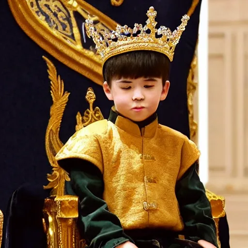 Image similar to little boy, prince sit on the throne chair in the throne room. he wear casual kings clothes and have crown on his head. guards protect him.