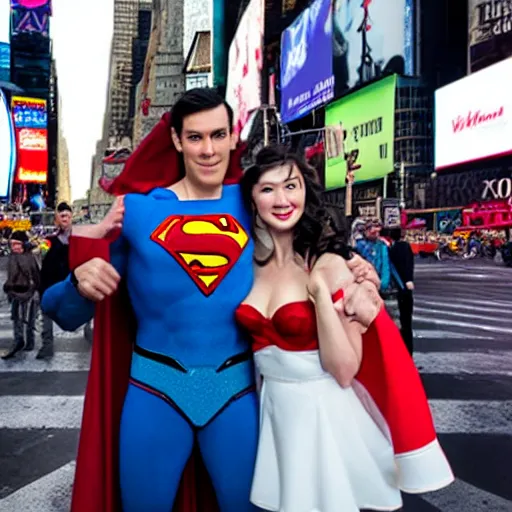 Prompt: v - j day in times square photograph with superman and wonder woman