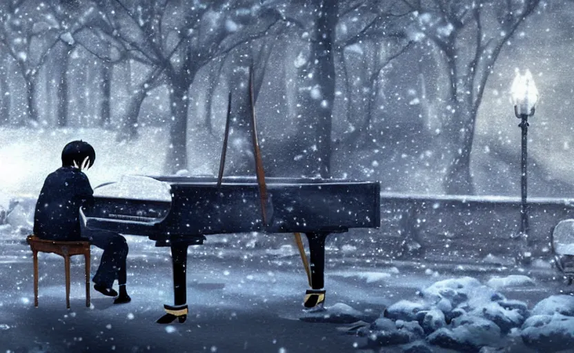 Prompt: a man playing piano in the heavy snow, a screenshot from the anime film by Makoto Shinkai