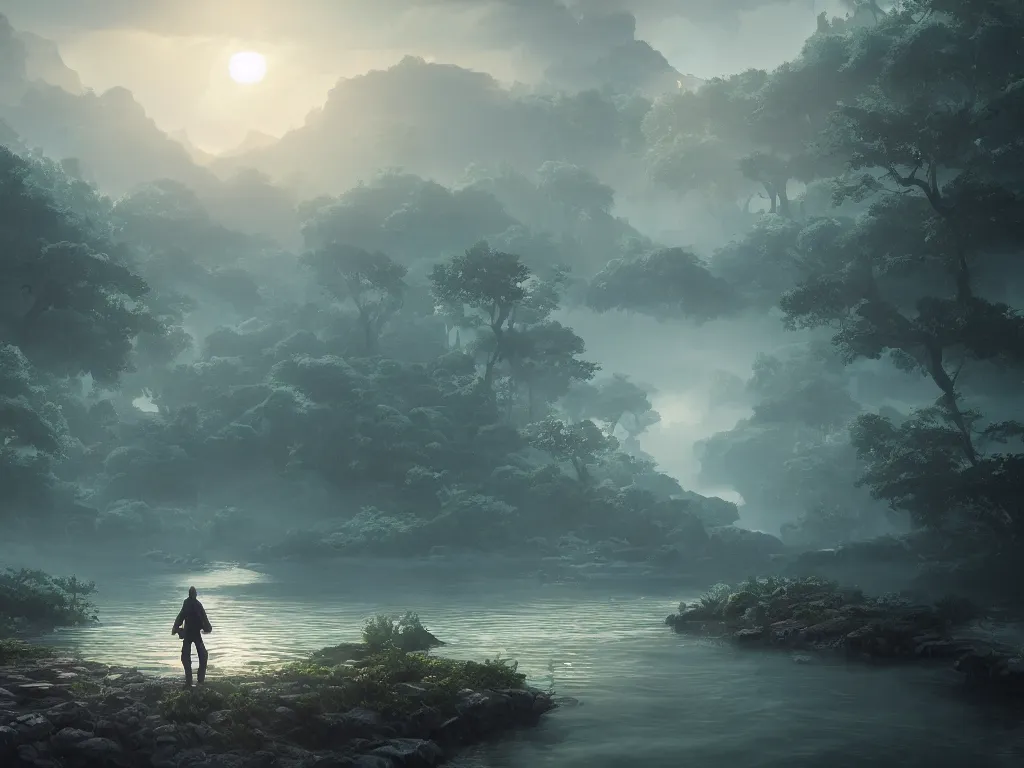 Prompt: elemental monster hunting of foggy river. vaporwave, unreal engine, greg rutkowski, makoto shinkai and lois van baarle, ilya kuvshinov, global illumination, detailed and intricate environment. hyperrealistic, volumetric lighting. epic cinematic shot, perfectly defined features, ambient occlusion