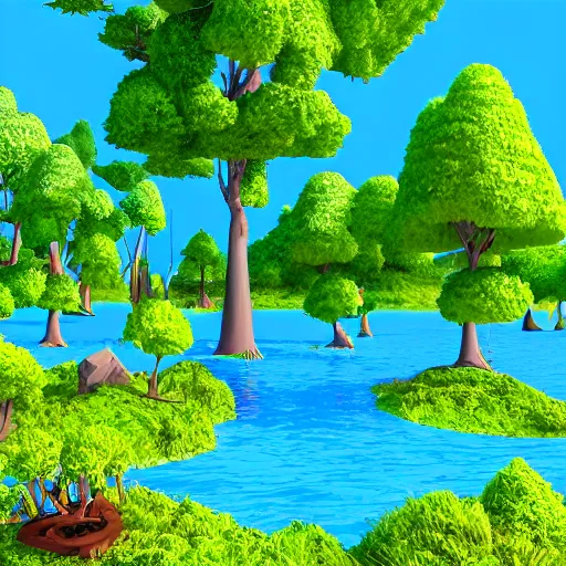 Prompt: forest of many cartoon style trees 3 d, river with an island of a cartoon medieval castle, colourful, blue sky