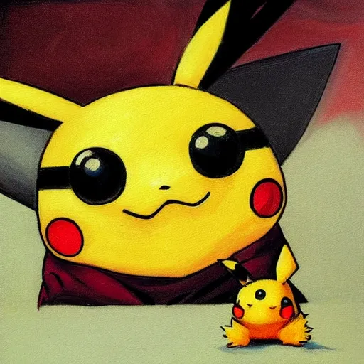Image similar to Pikachu devouring his Pichu, an oil painting in the style of Francisco Goya