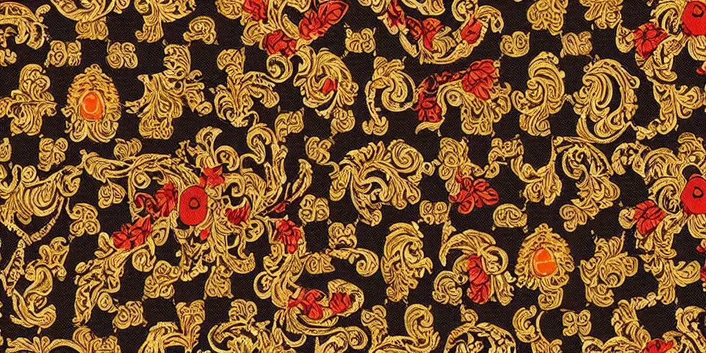 Prompt: versace gucci textile print design detailed intricate fine gold black orange brown digital file high resolution autumn fashion