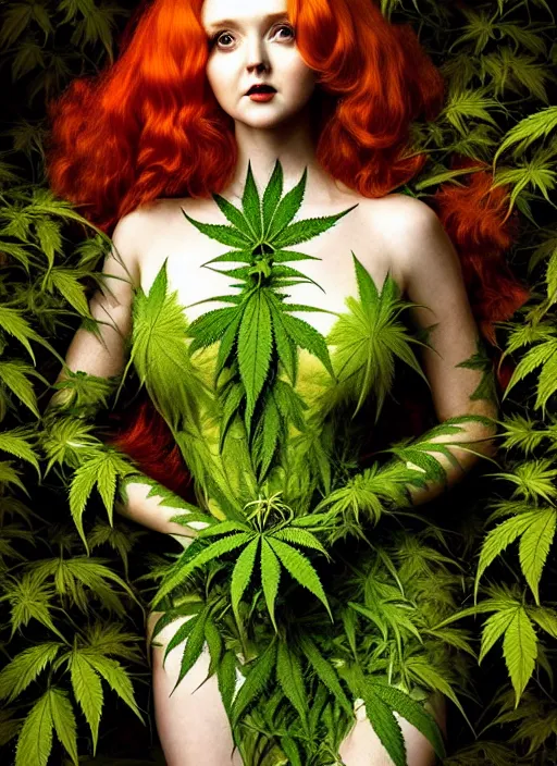 Prompt: expressive upper body photo of the lily cole as poison ivy, dress made of cannabis leaves, glamour shot, by rosetti, karol bak, stefan gesell, photorealistic, nikon d 4 x, fashion photography, hyper maximalist, elegant, ornate, luxury, elite, environmental portrait, symmetrical features, octane render, unreal engine, soft forest background, dramatic lights