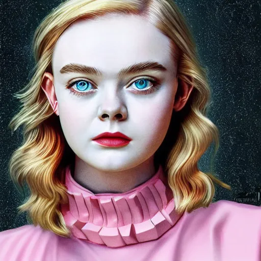 Image similar to a striking hyper real illustration of Elle Fanning in the style of retro-futurism