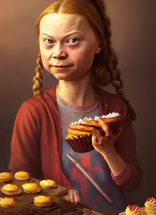 Image similar to portrait of greta thunberg as a medieval goblin eating cakes, beautiful face, hyper realistic, highly detailed, digital painting, artstation, illustration, concept art by hyung tae and frank frazetta, digital paint, matte paint, washed colors, dark, gloomy