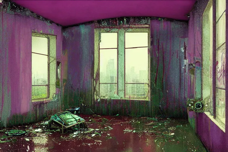 Prompt: abandoned 9 0 s apartment interior with circular organic windows, rain like a dream, oil painting, cinematic, surreal, overgrown, dramatic, soft volumetric lighting, cyberpunk, basquiat + moebius + francis bacon + gustav klimt + beeple, elevated street art, fantasy lut, textural, pink, blue, purple, green,