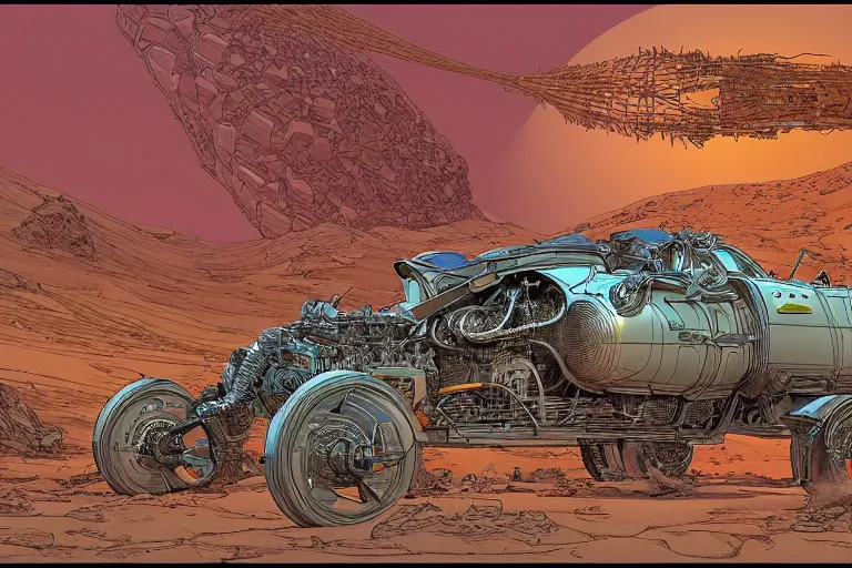 Prompt: a detailed 3 d render of a martian hot - rod by moebius and geof darrow, cinematic, concept art, detailed, intricate lines, fractal dust