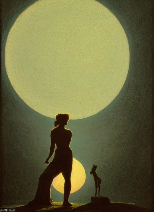 Image similar to three hazy backlit silhouettes of ancient greek venus observing an eclipse at dusk, painted by caspar david friedrich