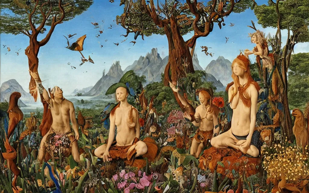 Image similar to a portrait photograph of a meditating harpy and a centaur king feeding tropical animals at a wide river delta. surrounded by bulbous flowers, animals and trees. mountain range under a vast blue sky of burning stars. painted by jan van eyck, max ernst, ernst haeckel and artgerm, cgsociety, artstation, fashion editorial