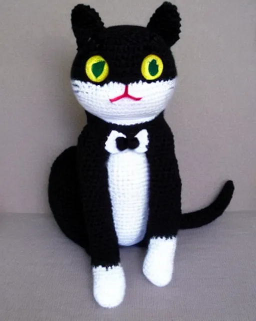 Image similar to cute crocheted black cat wearing a tuxedo, calico critter