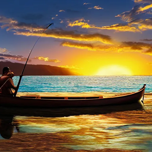 Image similar to maui and his brothers in a traditional maori waka canoe, fishing up an island, highly detailed, photorealistic, pulitzer prize winning, golden hour, sunset