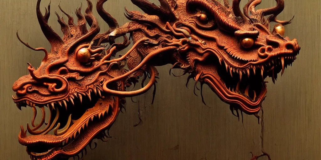 Prompt: a Chinese dragon art by Daniel Dos Santos, Beksinski, Giger, intricate colourfully painted carved wood paneling, lighting, ivory and copper , artstation