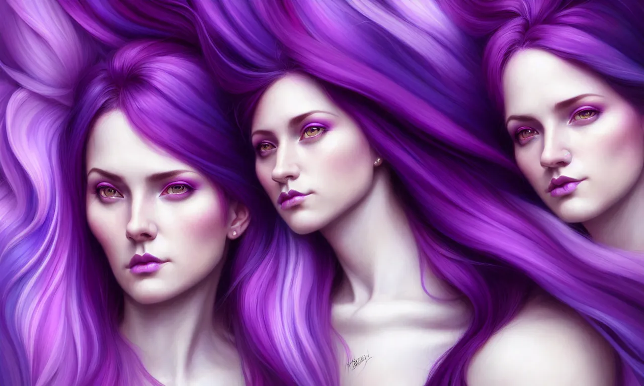 Image similar to Purple hair relistic Portrait of a three woman with bright colored flying hair, all shades of purple. Beauty face, Hair coloring, fantasy, intricate, elegant, highly detailed, digital painting, artstation, concept art, smooth, sharp focus, illustration, art by artgerm and greg rutkowski and alphonse mucha