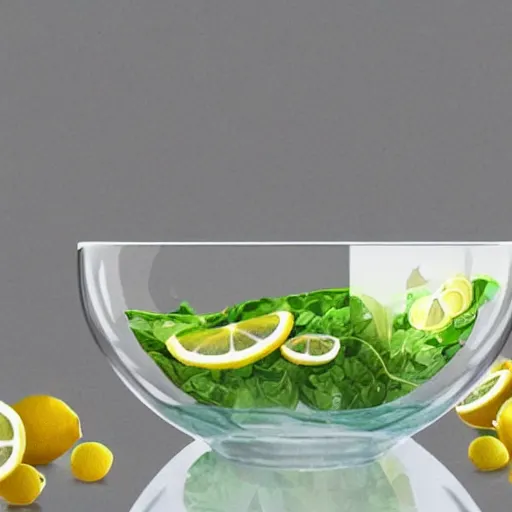 Image similar to close up of large clear salad bowl on kitchen bench. Its full of water with many slices of lemon floating in it. 4K award winning photorealistic concept art. smooth, sharp focus, illustration, art by artgerm and moebius and alphonse mucha 3/4 view.