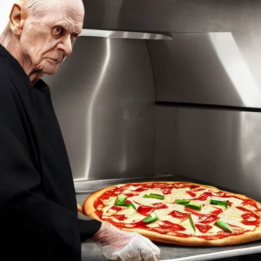 Image similar to A still of Emperor Palpatine making a pizza in Masterchef, 4k, photograph, ultra realistic, highly detailed, professional lighting