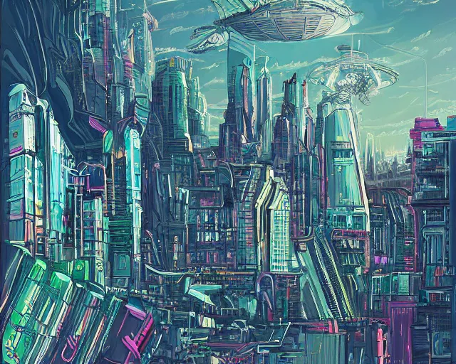 Image similar to alien supercity, illustration style of Alena Aenami