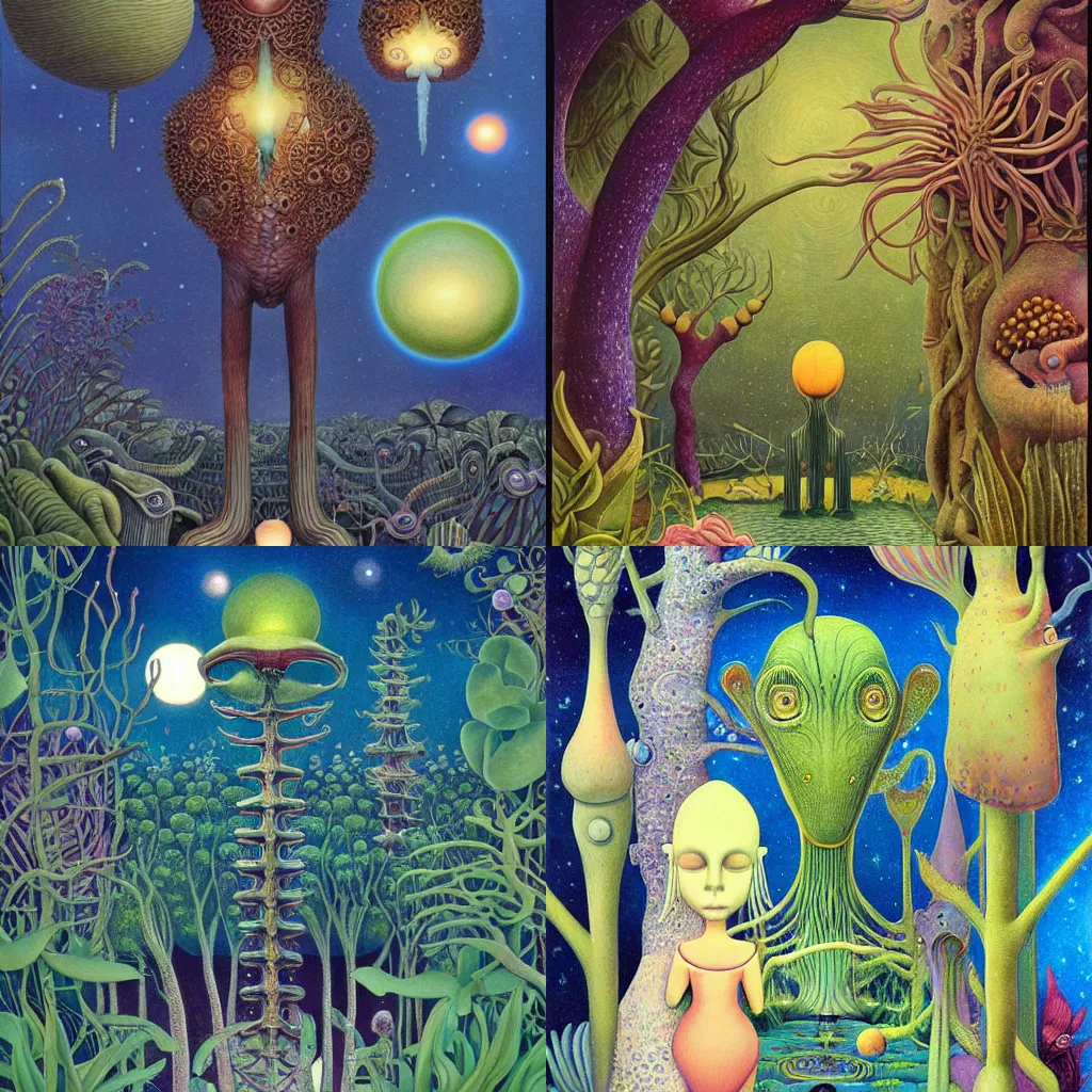 Prompt: a beautifully and highly detailed illustration of a strange alien world by Daniel Merriam|Henri Rousseau:.5|Graphic Novel, Visual Novel, Colored Pencil, Comic Book:.6