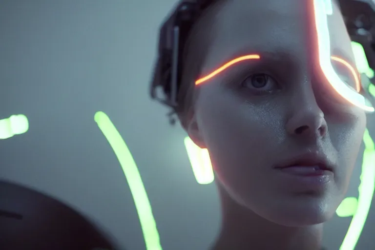 Image similar to VFX movie of a futuristic cyborg closeup portrait in high tech compound, beautiful natural skin neon lighting by Emmanuel Lubezki