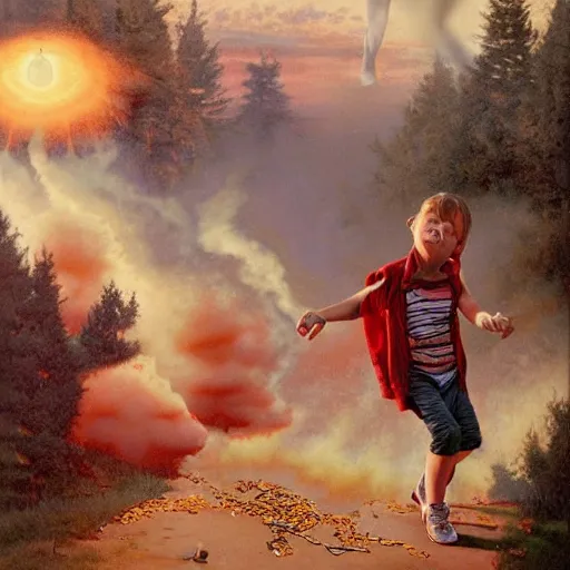 Image similar to a disappearing running child holding scissors in hand disappears evaporates dissolves into vapor, mist, smoke, blood drops and spatteer, a detailed matte painting by John Philip Falter and Jason Edmiston