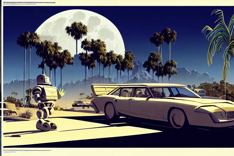 Image similar to broken robot | abandoned motel | palm trees | snowy mountains | moon in sky, painting by syd mead and weta studio and moebius and james jean and frank frazetta, highly detailed, rule of third, soft lighting, architectural magazine, beautiful detailed, insanely intricate details, artstation trending, hypermaximalistic, high details, cinematic