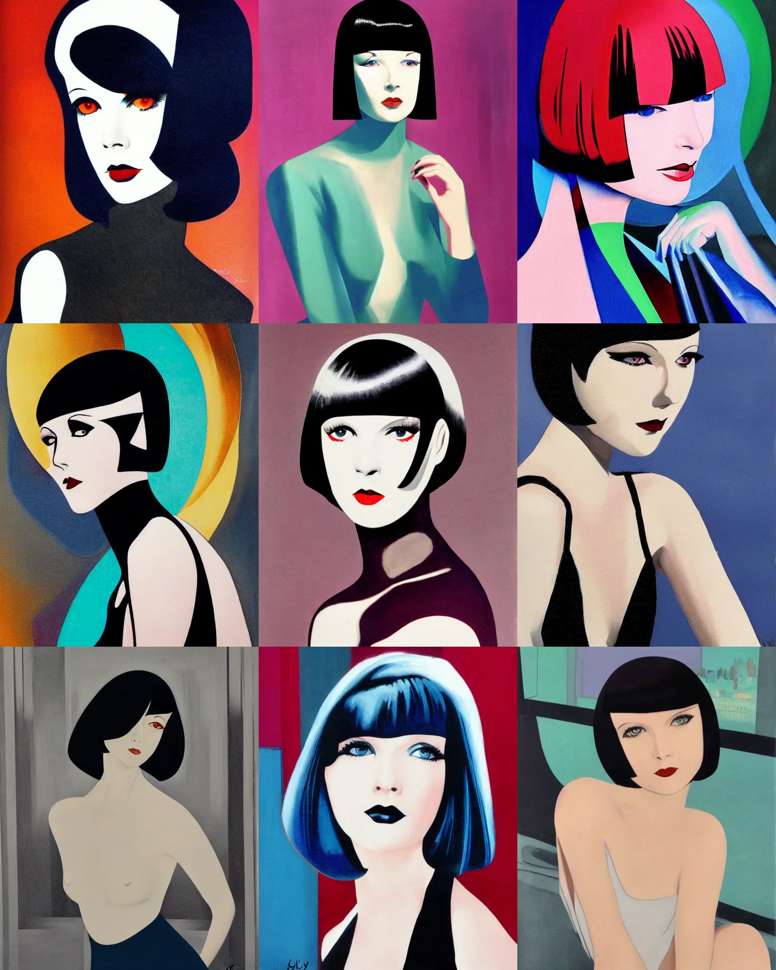 Prompt: mary louise brooks, shiny bob haircut, dramatic light, art deco city background, high contrast, sharp, painted by stanley lau,, painted by stanley artgerm,, painted by patrick nagel, cold colours