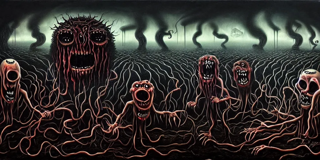 Image similar to repressed emotion creatures and monsters at the mouth of hell, attempting to escape and start a revolution, in a dark surreal painting by ronny khalil