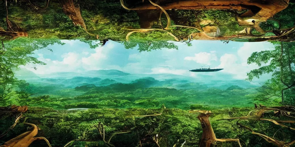 Prompt: a very high resolution image from a new movie, upside - down building, forest, sea, sky, mirror, beautiful scenery, photorealistic, photography, directed by wes anderson