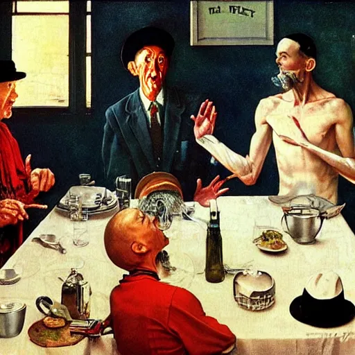 Prompt: a thin man wearing a hat entertains jesus christ with a magic trick in the kitchen, painted by norman rockwell and tom lovell and frank schoonover