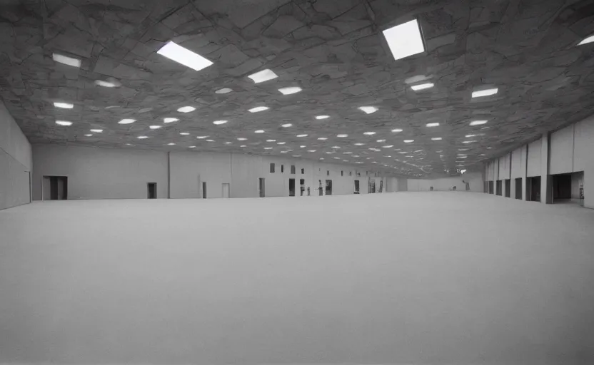 Image similar to 60s movie still of a giant stalinist style empty hall, by Irving Penn , cinestill 800t 35mm black and white, heavy grainy picture, very detailed, high quality, 4k, HD criterion, precise texture, panoramic, cinematic