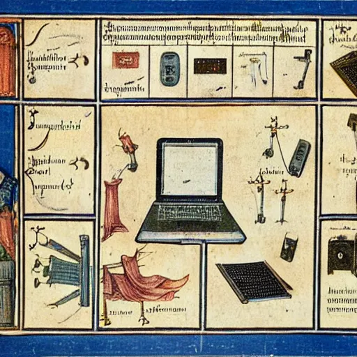 Prompt: advertisement for a laptop computer featuring diagrams and descriptions, medieval illustration, highly detailed historical page