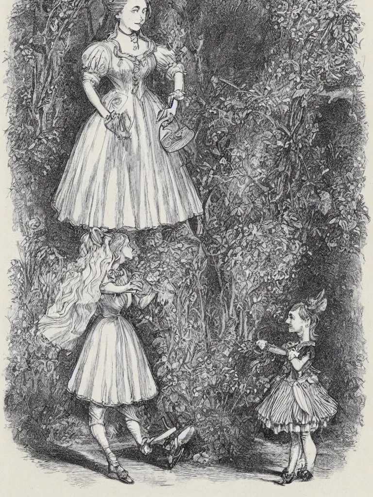 Prompt: Tenniel illustration portrait of Alice, walking in wonderland