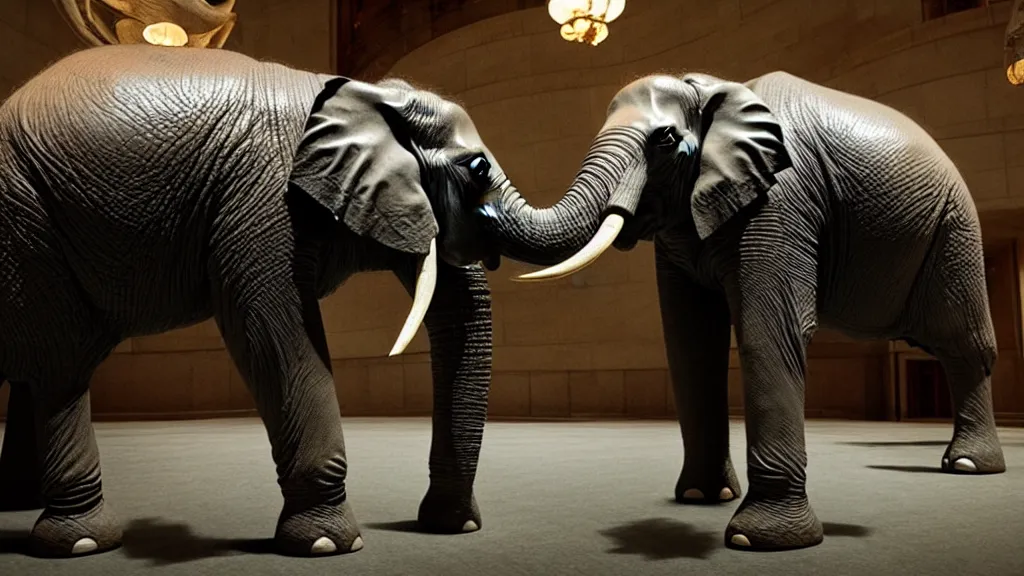 Prompt: the strange elephant in city hall, made of wax and water, film still from the movie directed by Denis Villeneuve with art direction by Salvador Dalí, wide lens