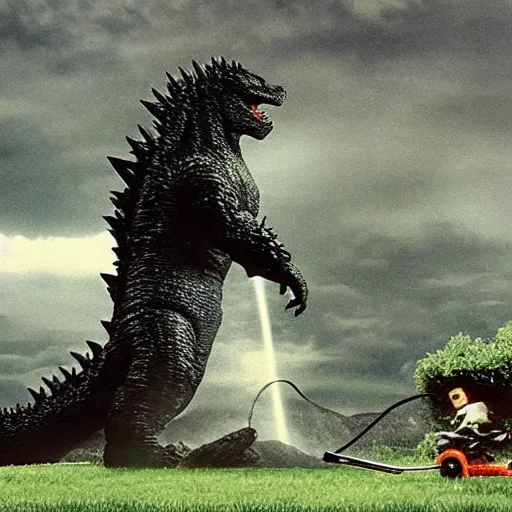 Prompt: godzilla mowing his lawn