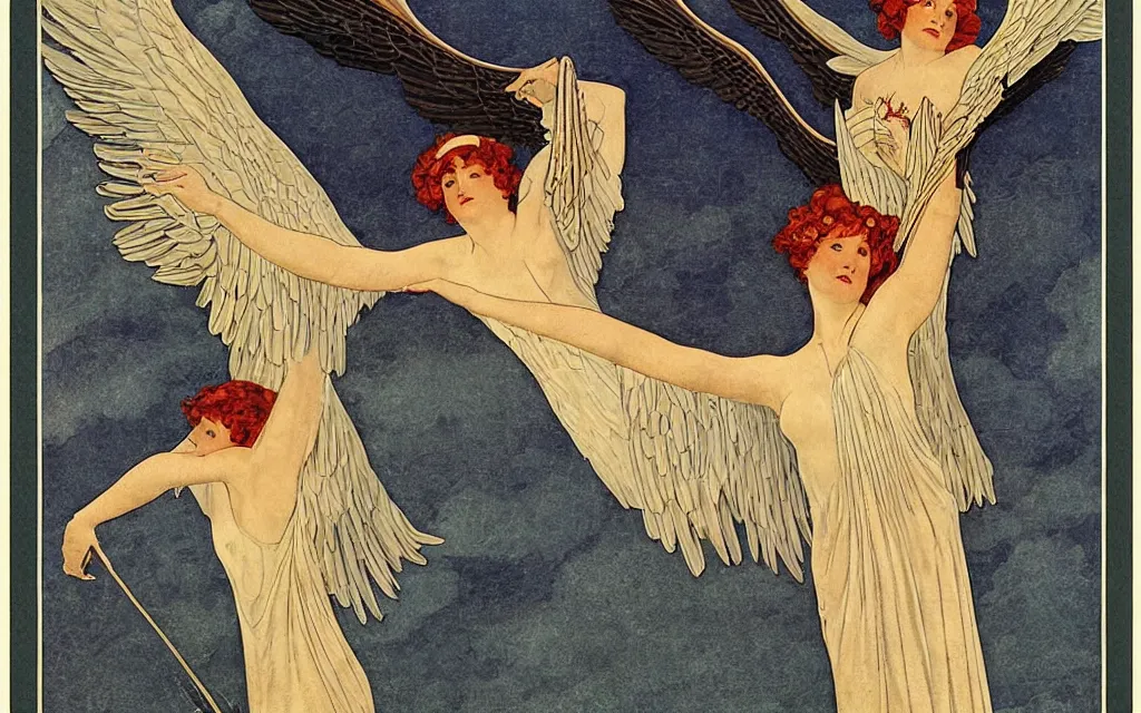 Image similar to vision of angels with a broken wing, trying to fly by coles phillips and carlos schwabe, style of hygge