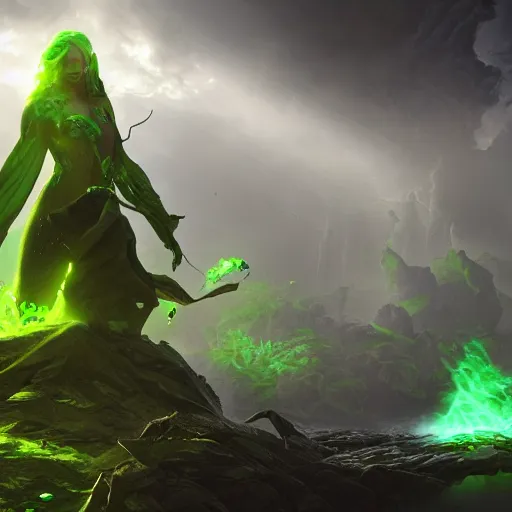 Prompt: chaosrealm, green mist, green aura everywhere, 8k hd artwork, cinematic, cinematic lighting, octane render, environmental concept art, featured on artstation