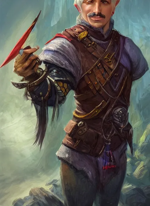 Image similar to young man with short white hair and moustache, dndbeyond, bright, colourful, realistic, dnd character portrait, full body, pathfinder, pinterest, art by ralph horsley, dnd, rpg, lotr game design fanart by concept art, behance hd, artstation, deviantart, hdr render in unreal engine 5