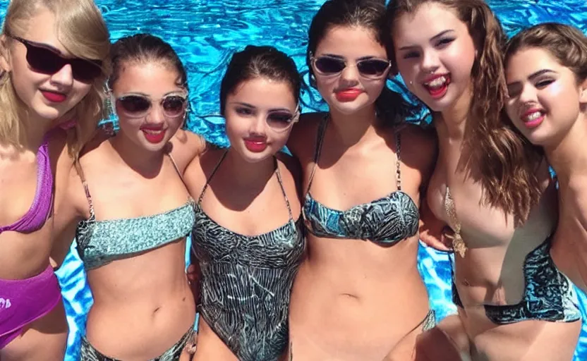 Prompt: emma watso, taylor swift, and selena gomez swim together