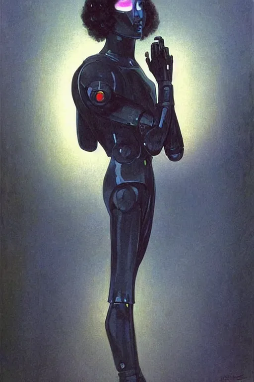 Prompt: portrait of raven, perfect future, iridescent color palette, art by bouguereau, 1 9 7 0 s retro future robot android. muted colors