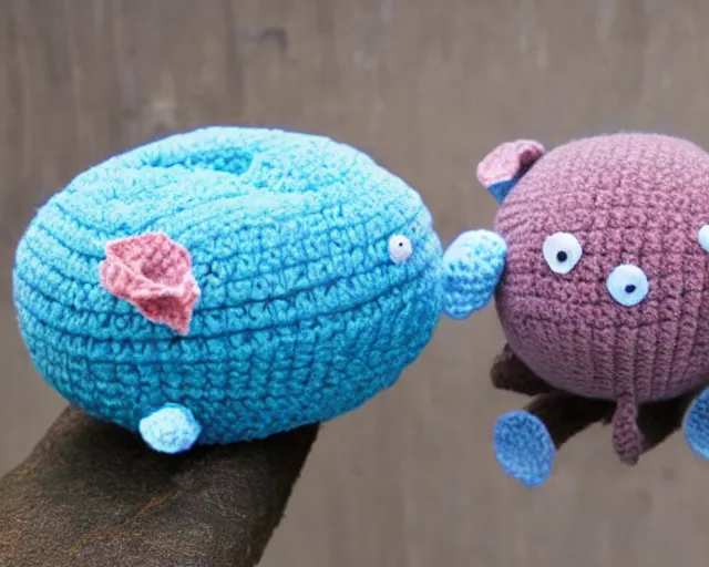 Image similar to crocheted blobfish, deep sea fish made of yarn, overstuffed with cotton stuffing, squishy, soft, plush, comfy, comfortable, comforting, soothing, sweet, tender, gentle, kind